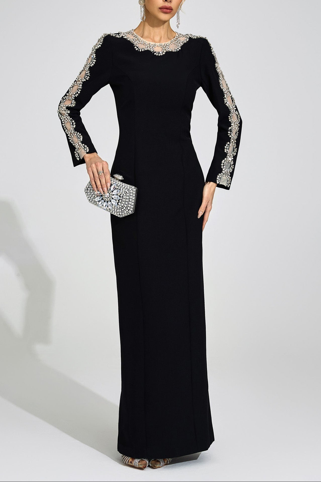 Rhinestone Embellished Cutout Maxi Dress - Black