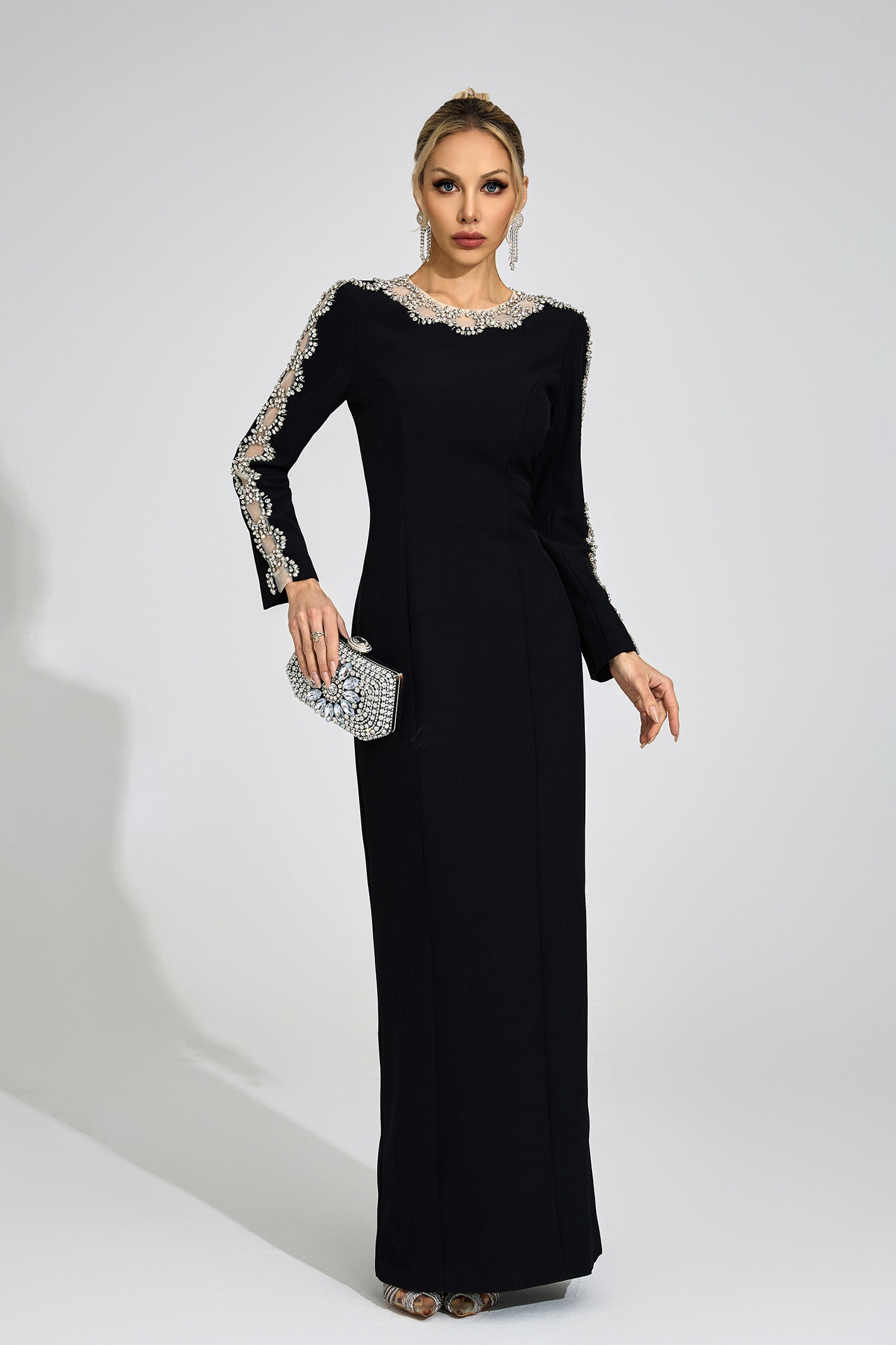 Rhinestone Embellished Cutout Maxi Dress - Black