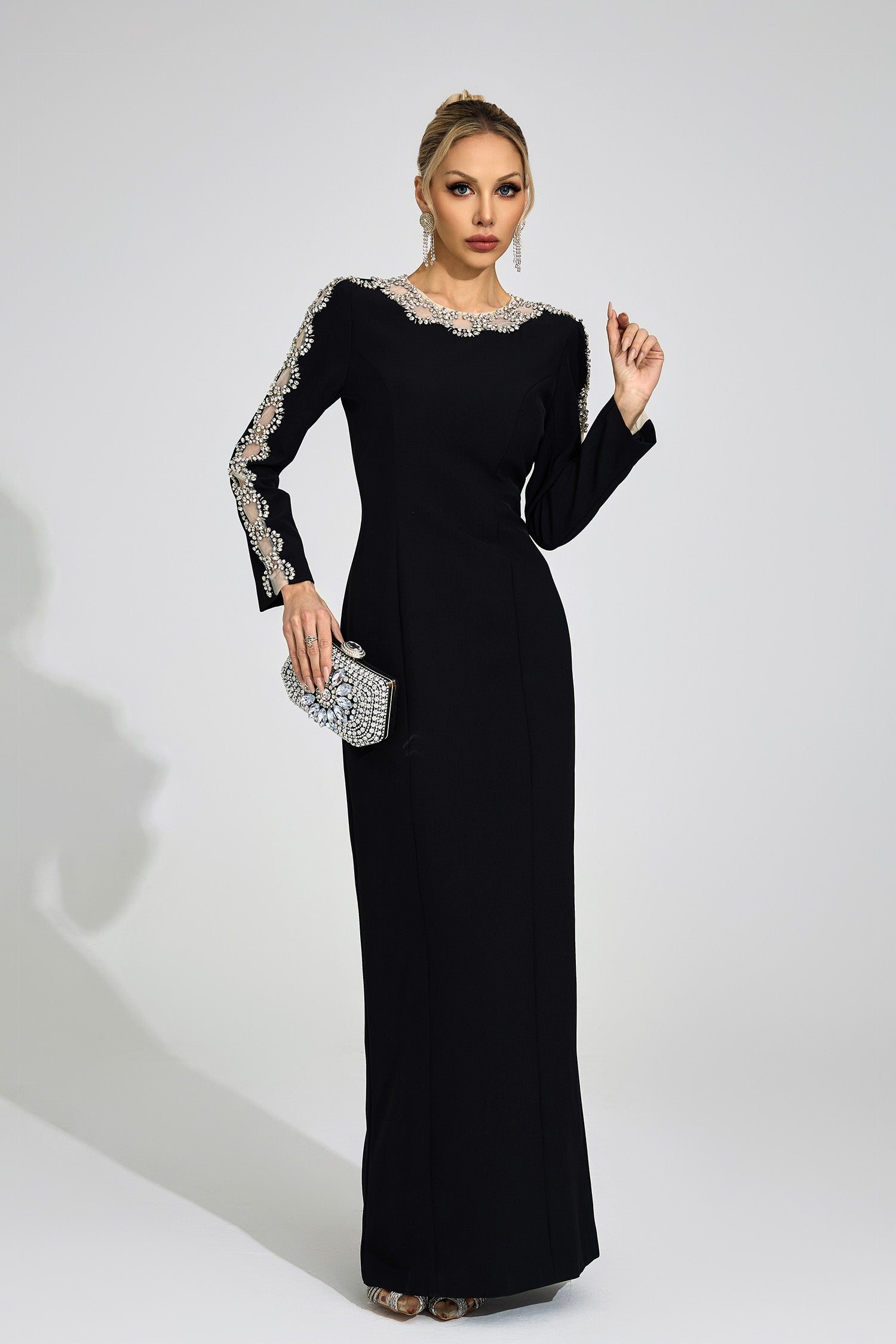 Rhinestone Embellished Cutout Maxi Dress - Black