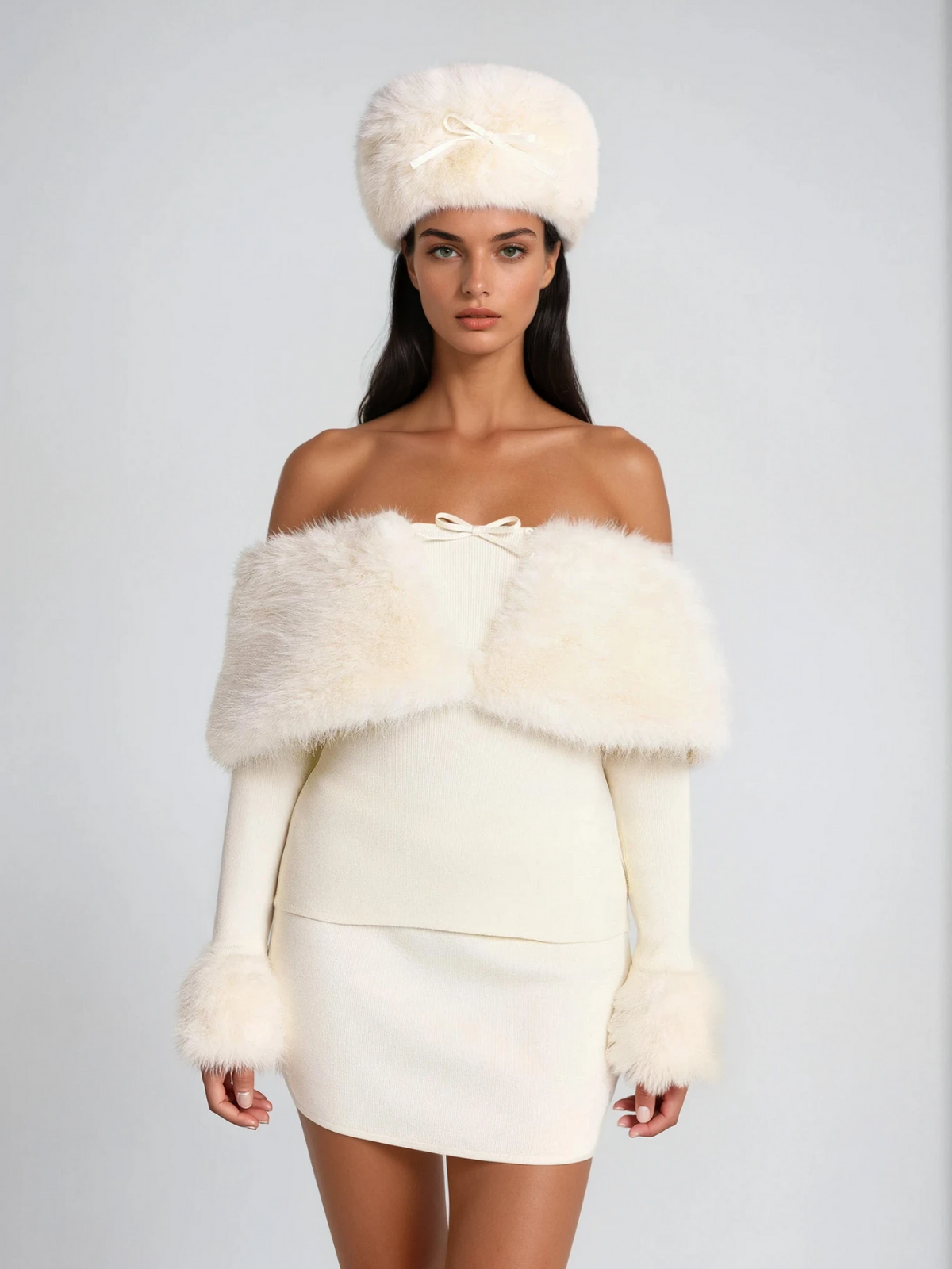 Off Shoulder Furry Skirt Set