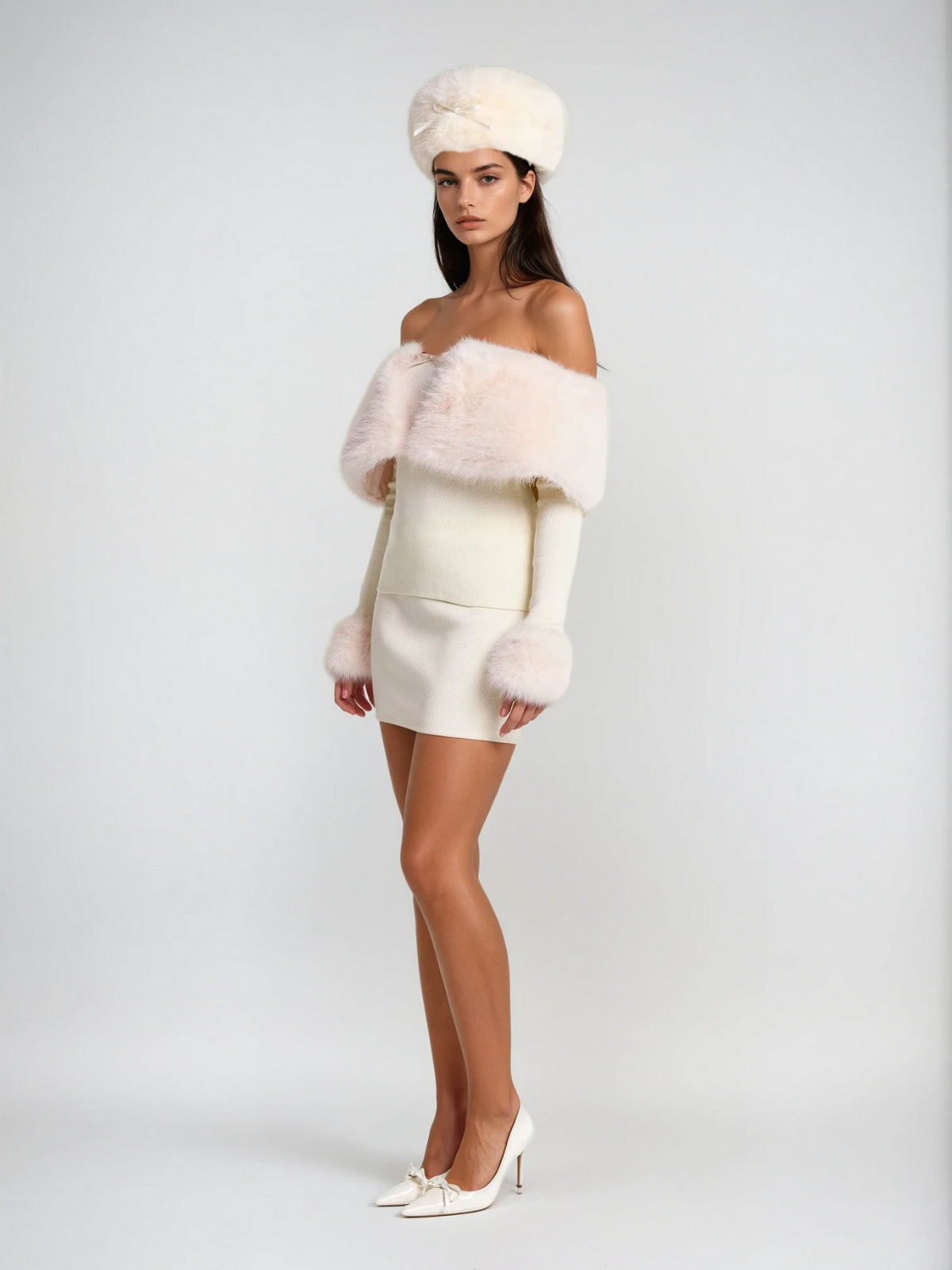 Off Shoulder Furry Skirt Set
