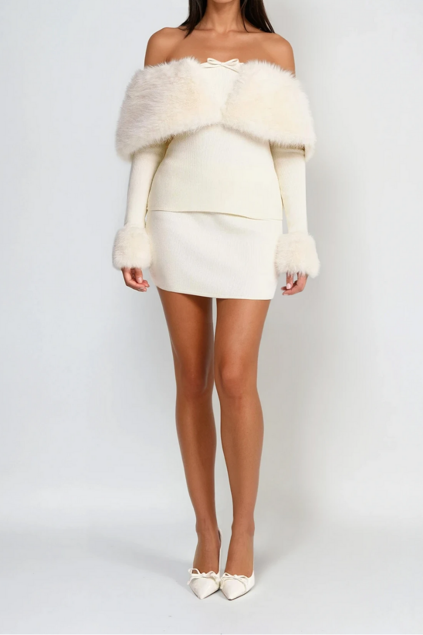 Off Shoulder Furry Skirt Set