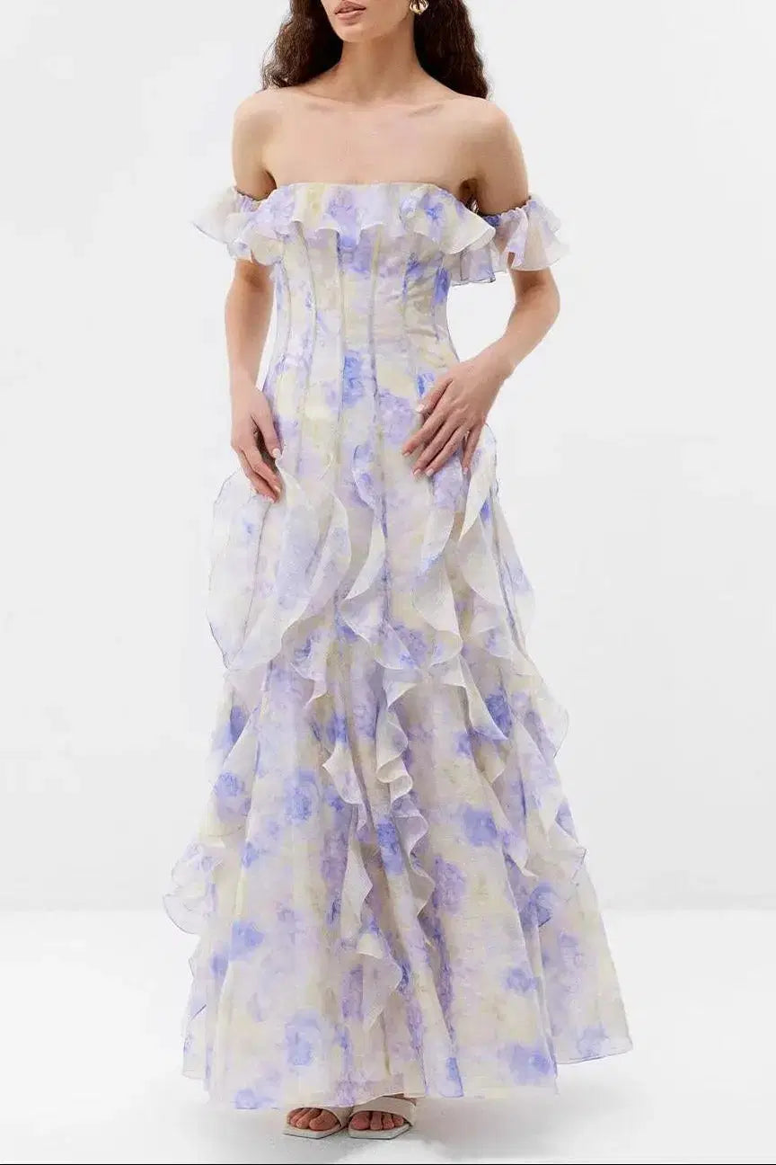 Floral Frill Off-Shoulder Maxi Dress in Blue