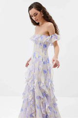 Floral Frill Off-Shoulder Maxi Dress in Blue