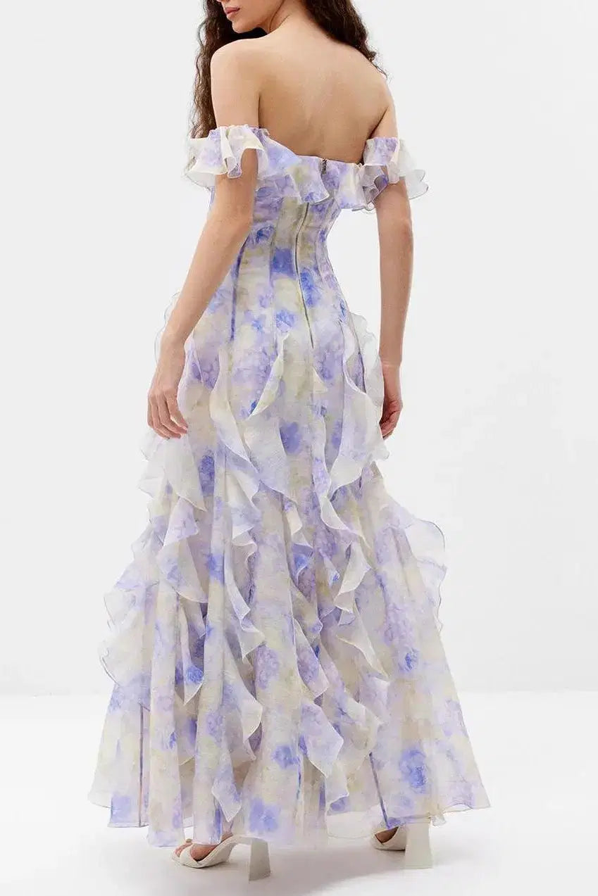 Floral Frill Off-Shoulder Maxi Dress in Blue