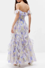 Floral Frill Off-Shoulder Maxi Dress in Blue