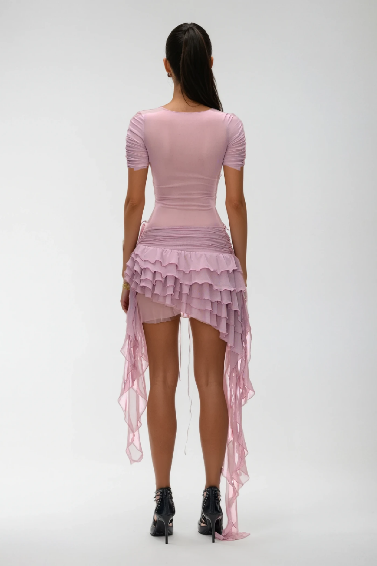 Lace Up Plunge Ruffle Mini Dress