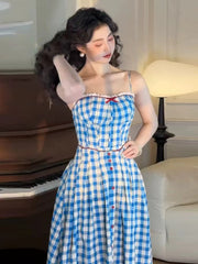 Plaid Strap Maxi Dress in Blue