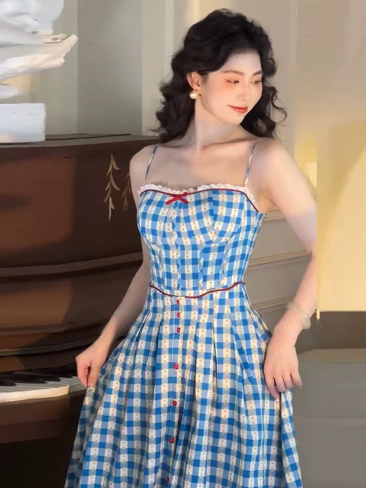 Plaid Strap Maxi Dress in Blue