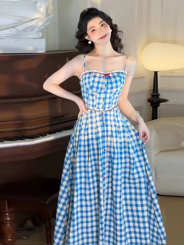 Plaid Strap Maxi Dress in Blue
