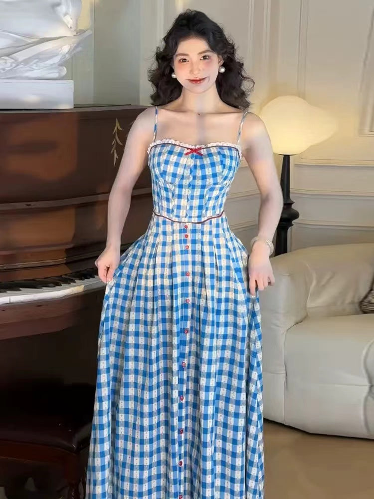 Plaid Strap Maxi Dress in Blue