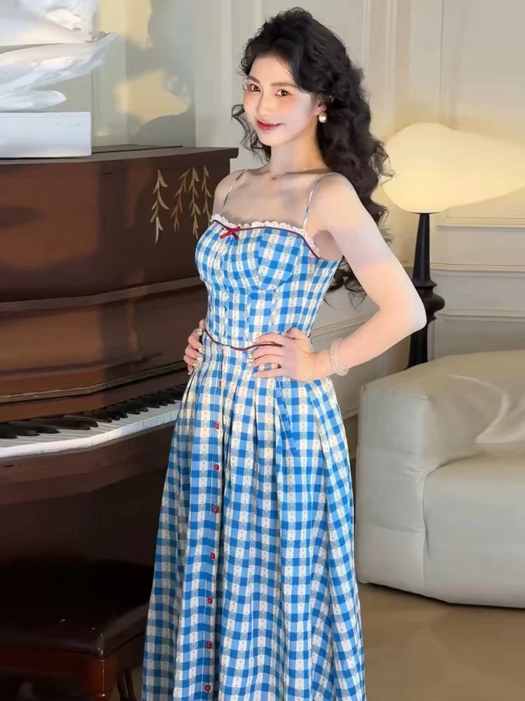 Plaid Strap Maxi Dress in Blue