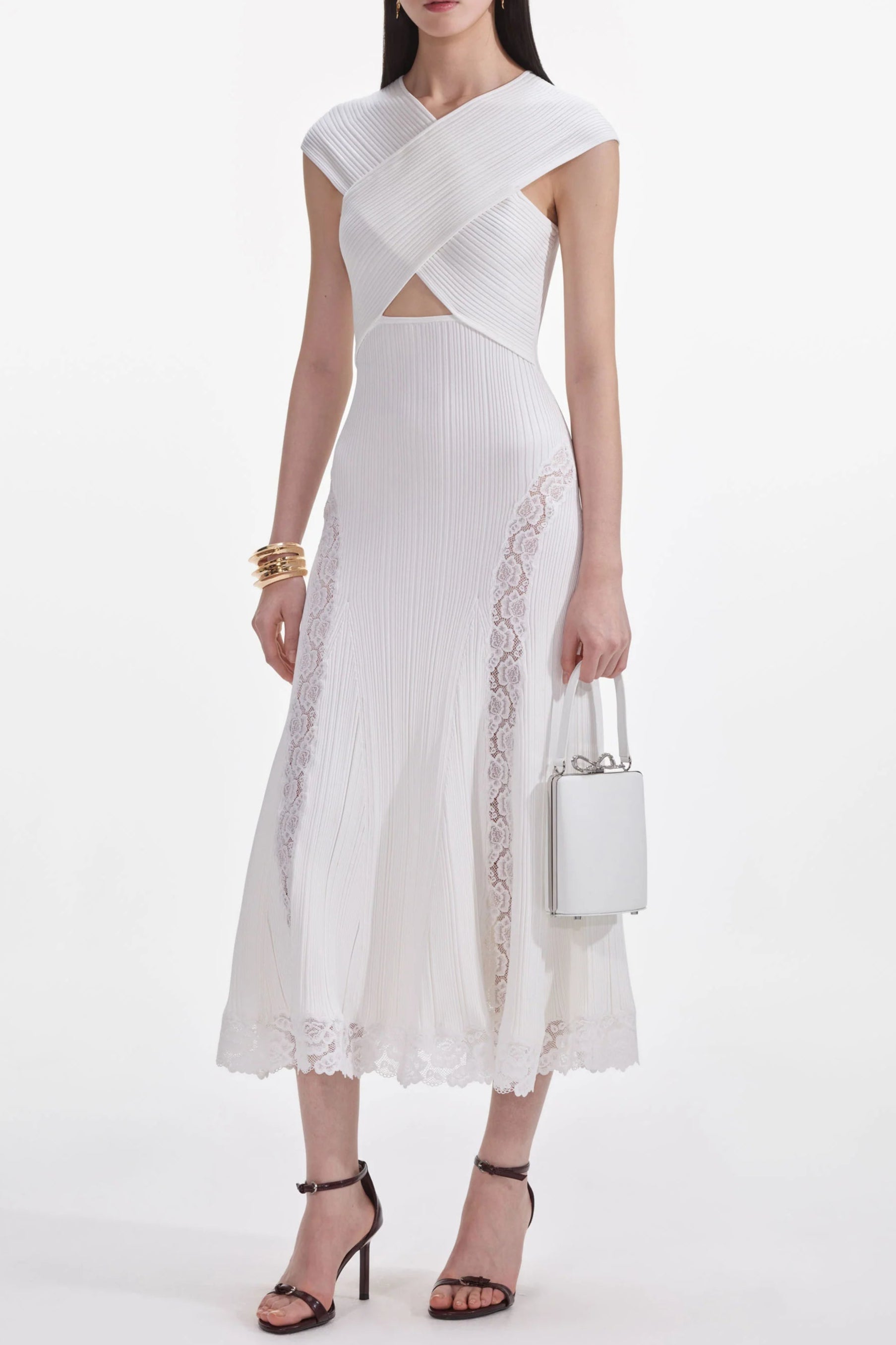 White Knit Lace Insert Midi Dress