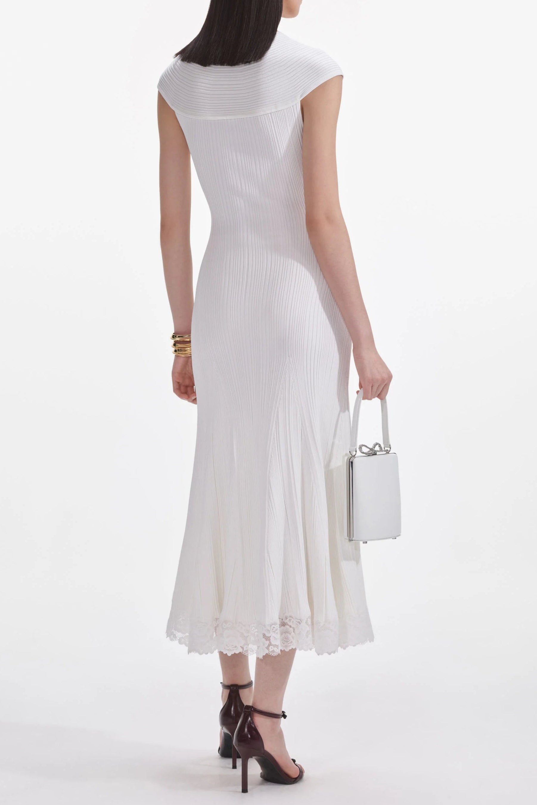 White Knit Lace Insert Midi Dress