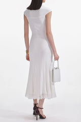 White Knit Lace Insert Midi Dress