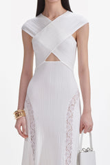 White Knit Lace Insert Midi Dress