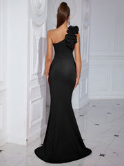 Floral One Shoulder Ruched Split Prom Dress
