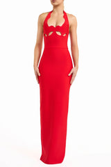 Cutout Backless Halter Bandage Maxi Dress in Red