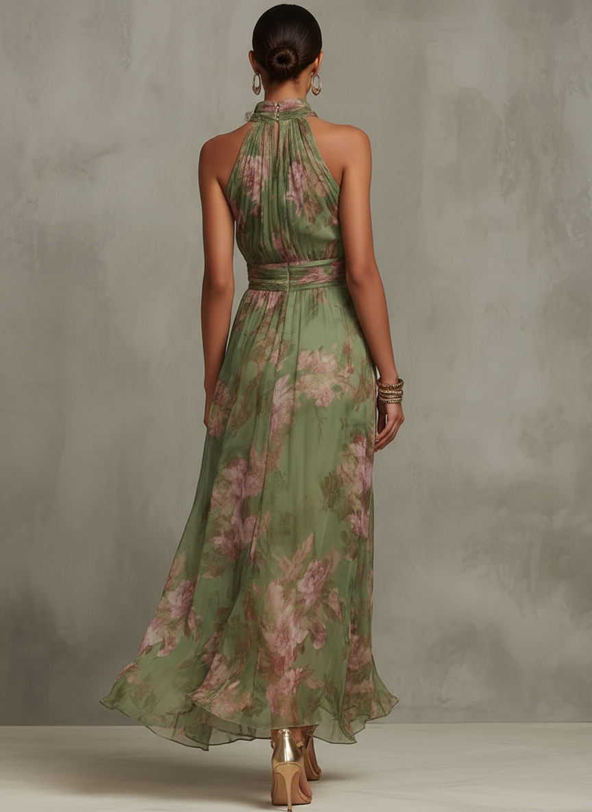 Green Floral Halter Maxi Dress
