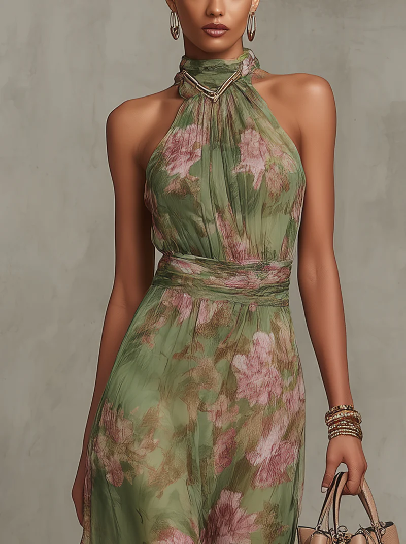Green Floral Halter Maxi Dress