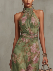 Green Floral Halter Maxi Dress