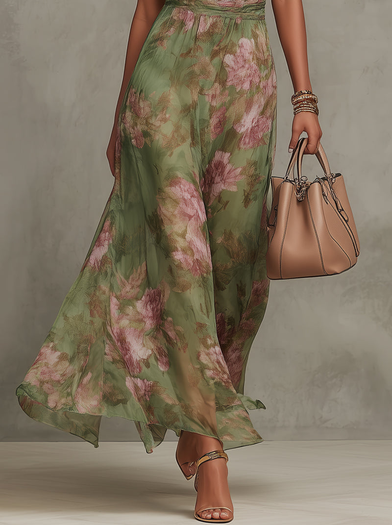 Green Floral Halter Maxi Dress