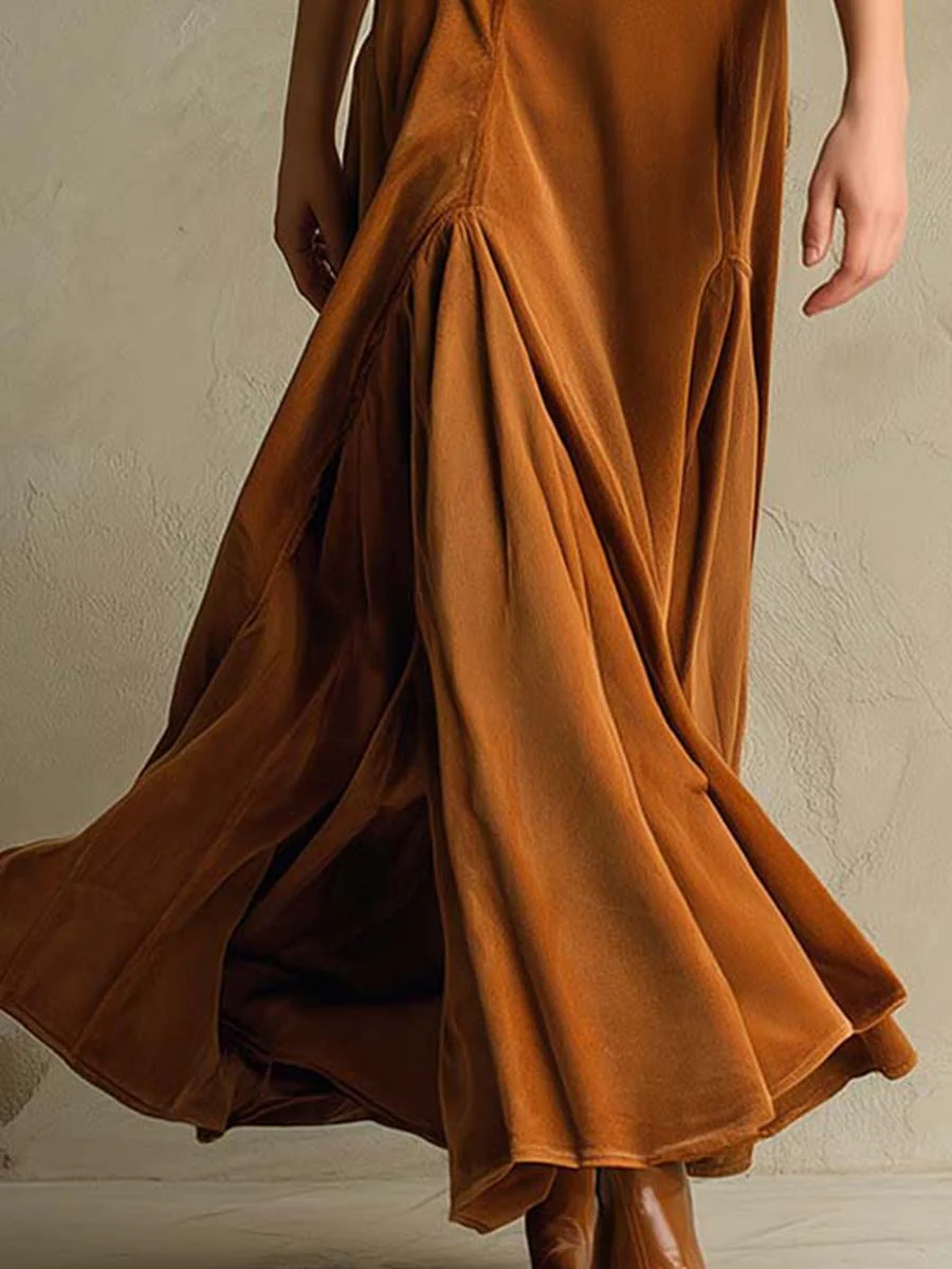 Brown Retro Suit Collar Long Dress