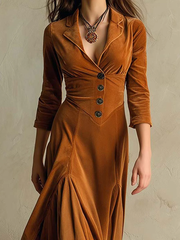 Brown Retro Suit Collar Long Dress