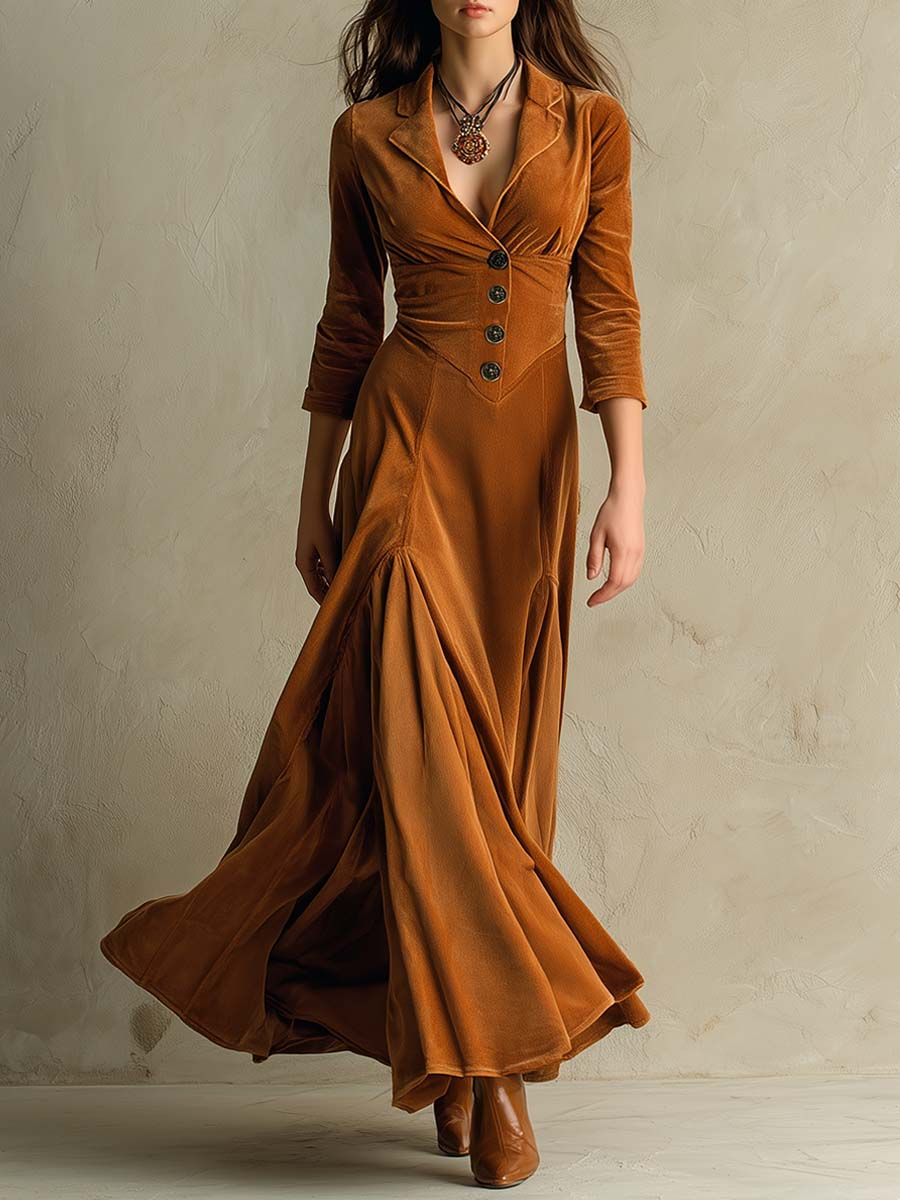 Brown Retro Suit Collar Long Dress