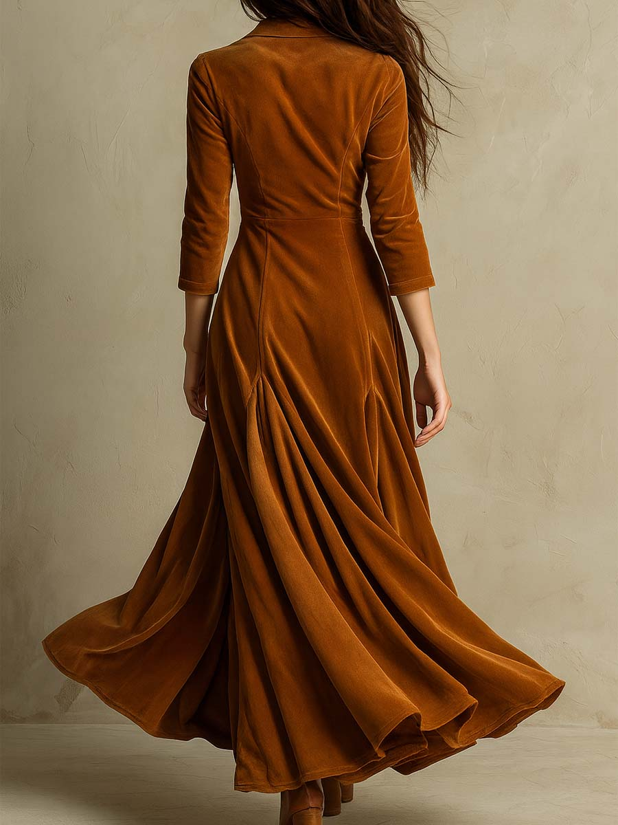 Brown Retro Suit Collar Long Dress