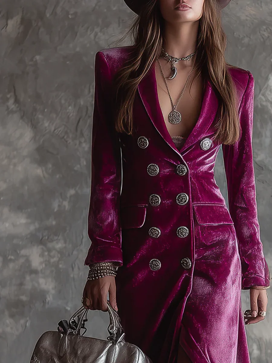 Purple Button-Down Long Blazer Maxi Dress