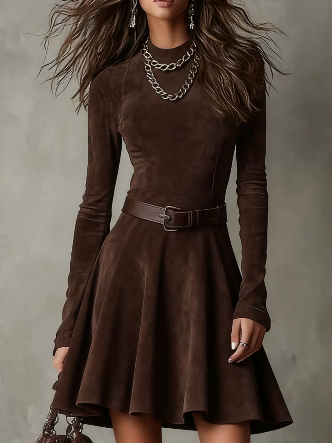 Vintage Dark Brown Mock Neck Mini Dress