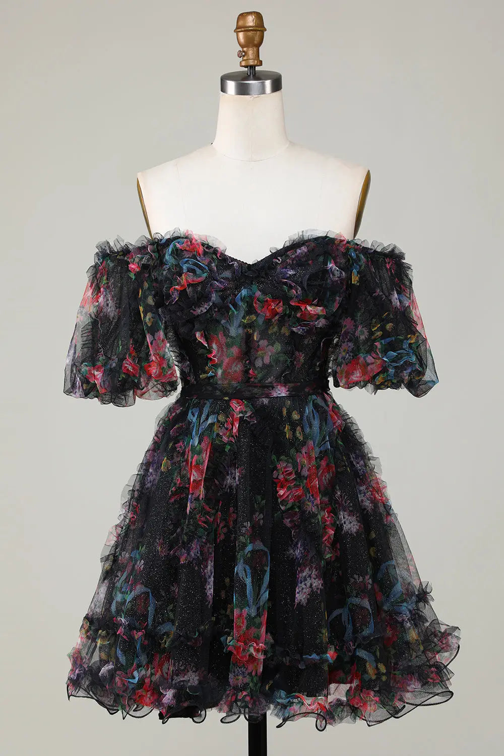 A Line Off Shoulder Fuchsia Short Homecoming Dress with Short Sleeves