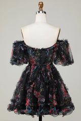 A Line Off Shoulder Fuchsia Short Homecoming Dress with Short Sleeves