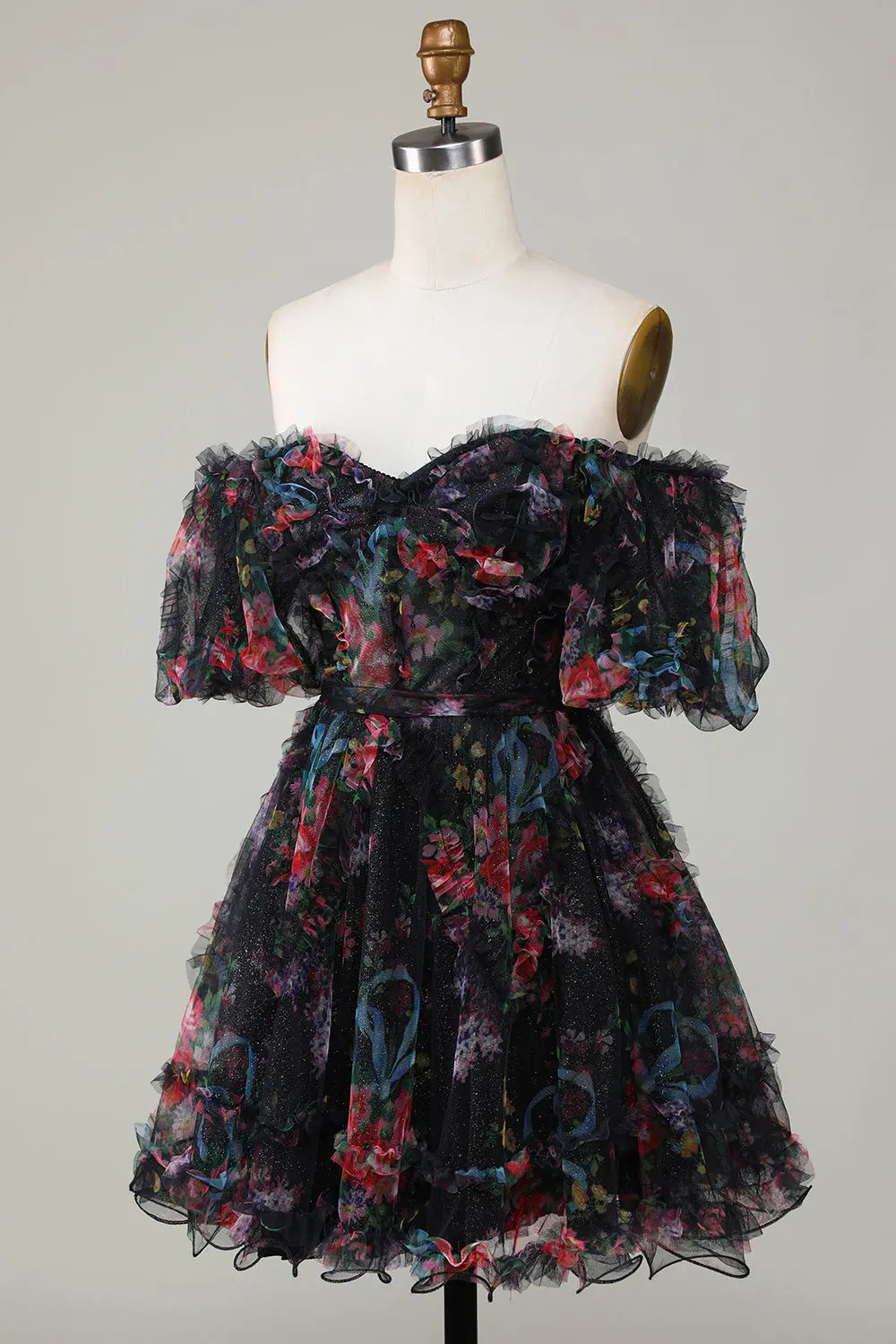 A Line Off Shoulder Fuchsia Short Homecoming Dress with Short Sleeves