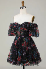 A Line Off Shoulder Fuchsia Short Homecoming Dress with Short Sleeves