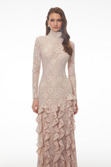Nude Floral Lace Ruffled Maxi Dress