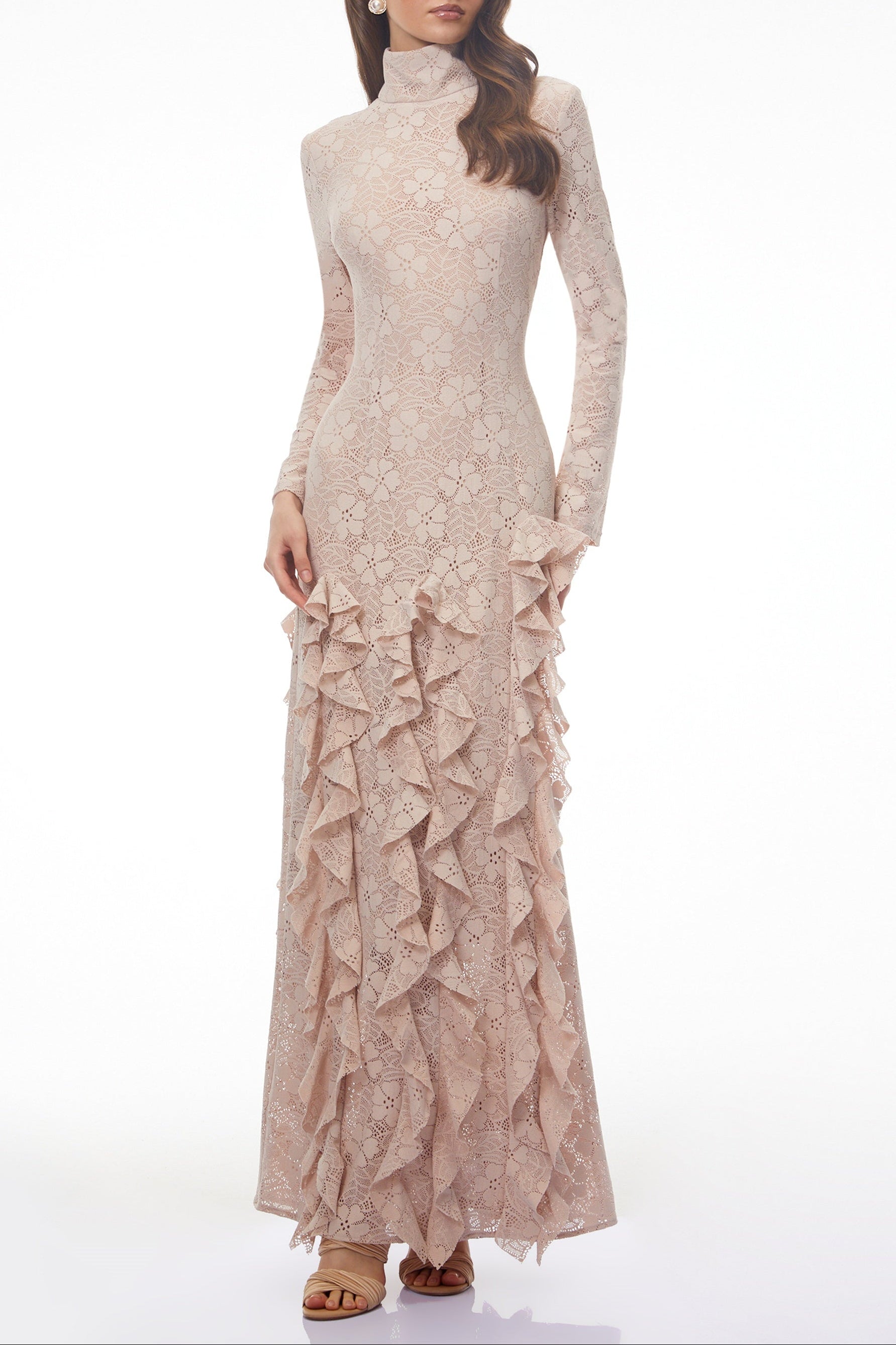 Nude Floral Lace Ruffled Maxi Dress