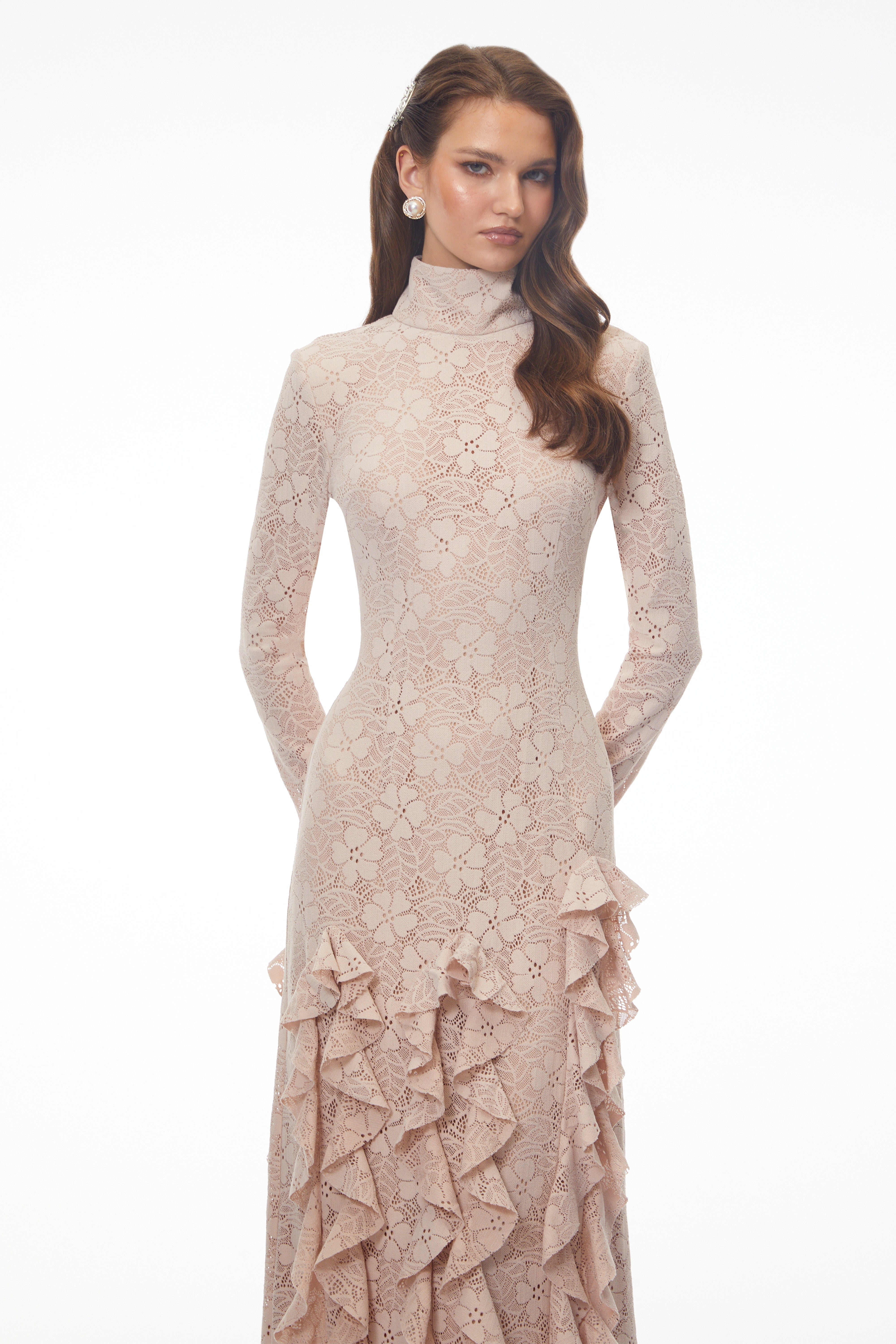 Nude Floral Lace Ruffled Maxi Dress