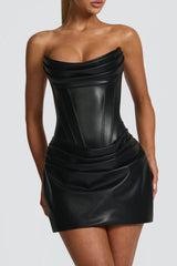 Corset Leather Mini Dress - Black