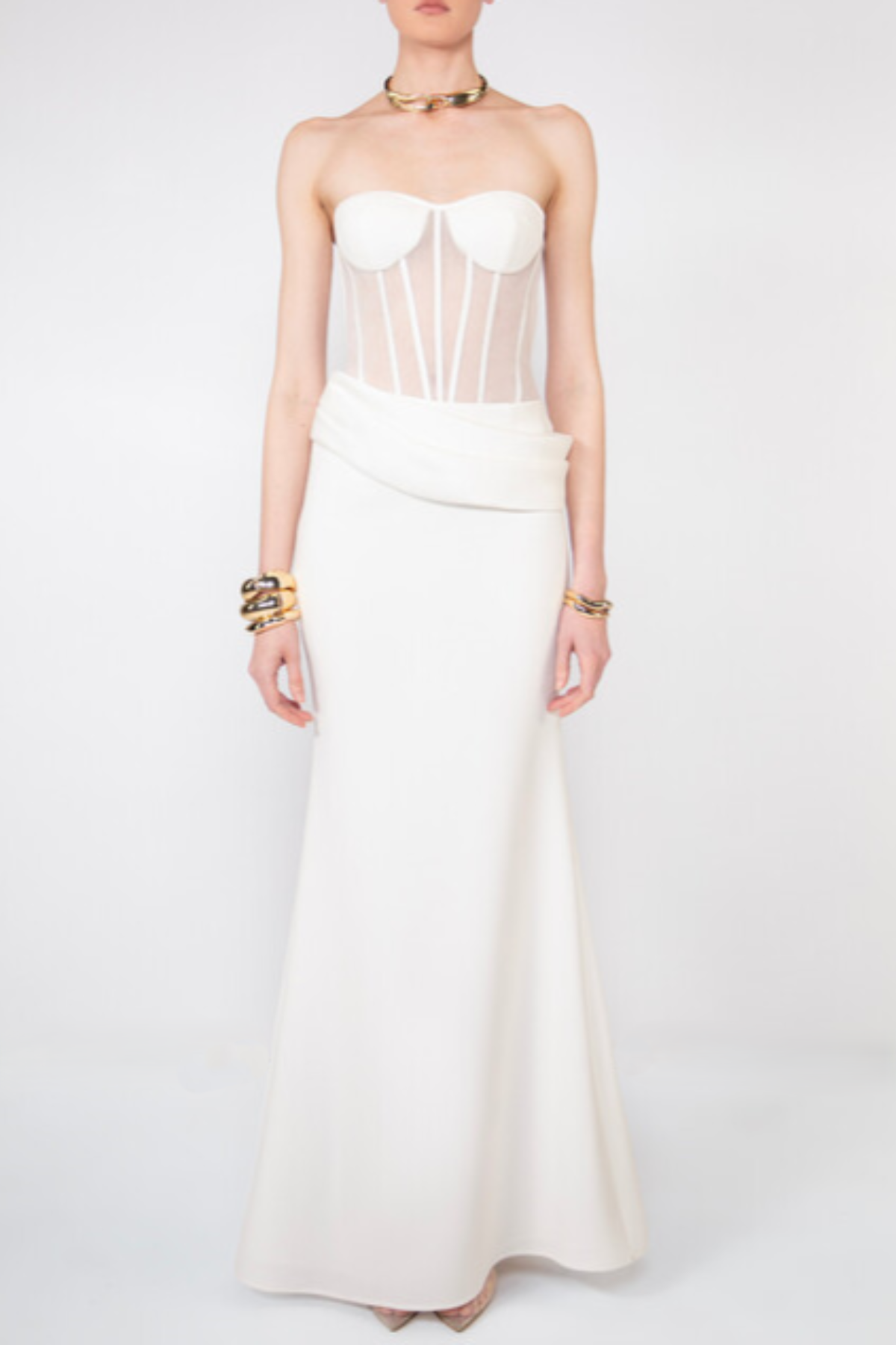 Veiled Corset Maxi Dress in White