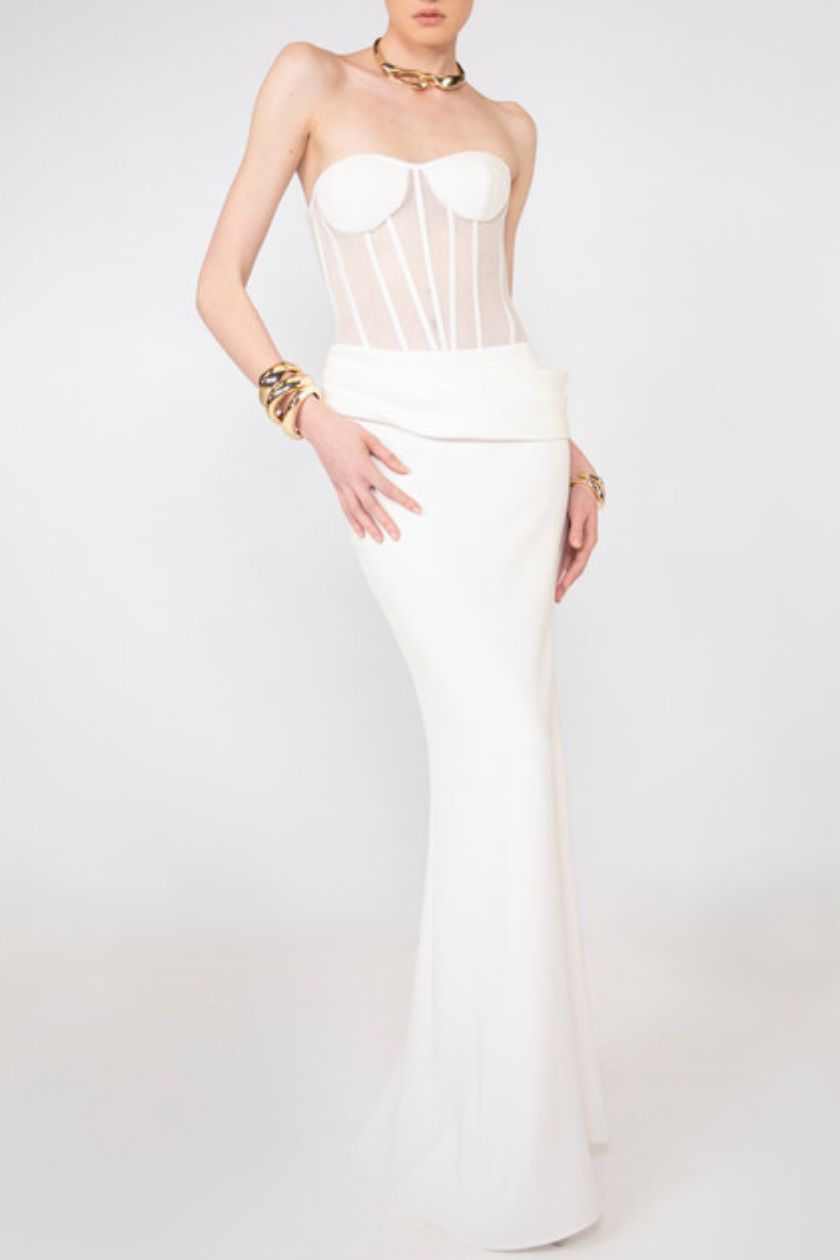 Veiled Corset Maxi Dress in White