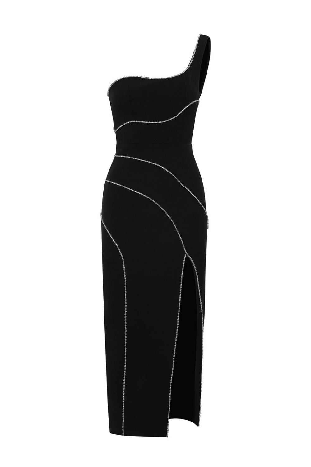 Diamante One Shoulder Split Midi Bandage Dress