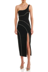 Diamante One Shoulder Split Midi Bandage Dress