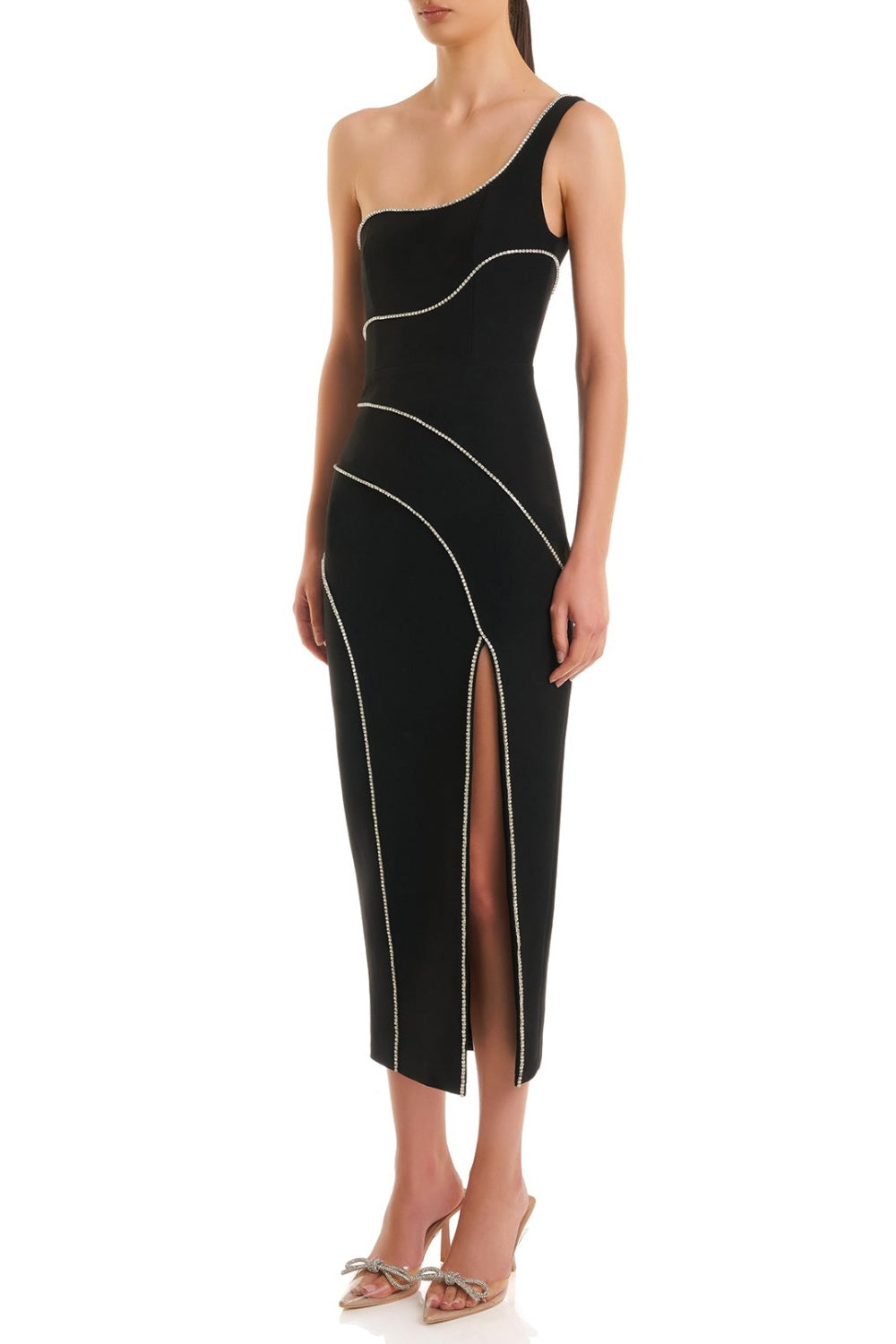 Diamante One Shoulder Split Midi Bandage Dress