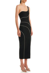 Diamante One Shoulder Split Midi Bandage Dress