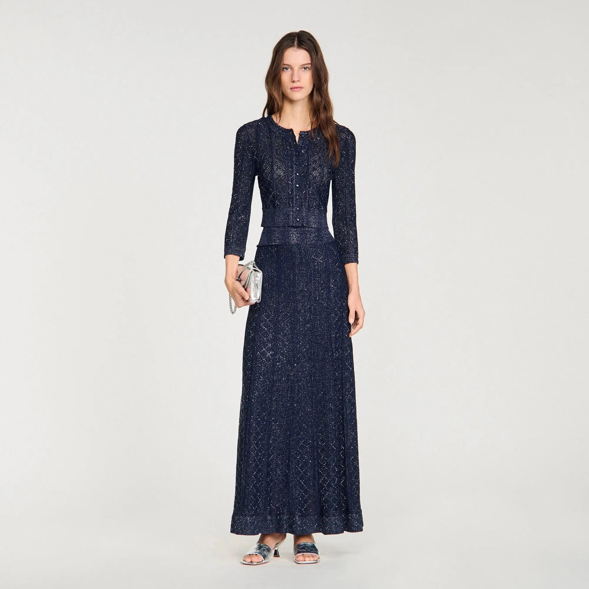 Rhinestone Knit Maxi Skirt in Navy Blue