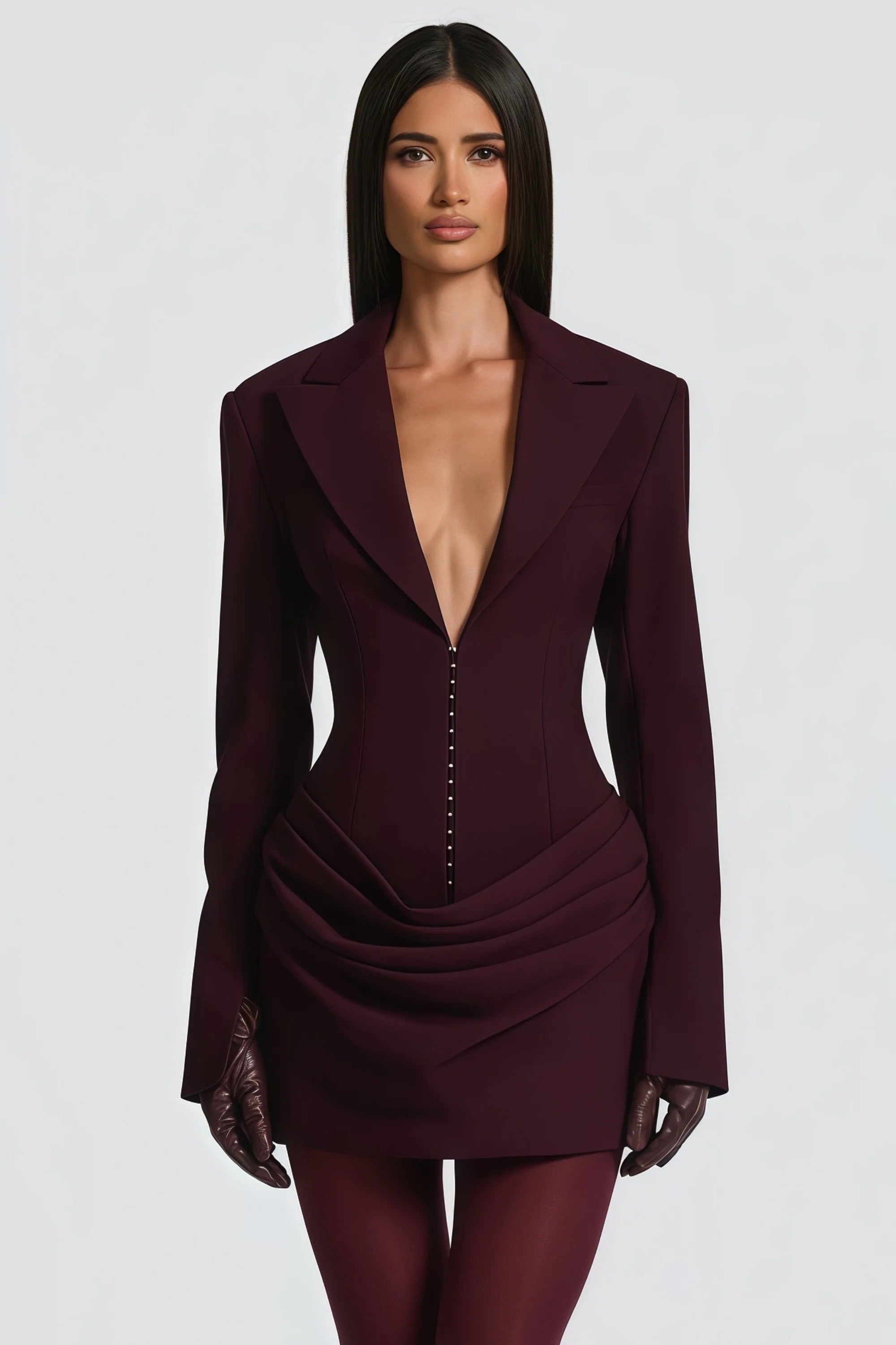V-Neck Ruched Blazer Mini Dress in Wine Red