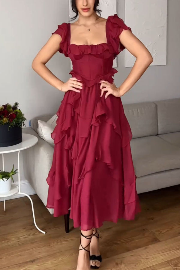 Square Neck Ruffle Sleeves Backless Dress