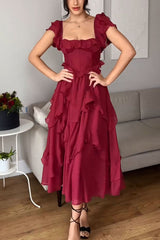 Square Neck Ruffle Sleeves Backless Dress